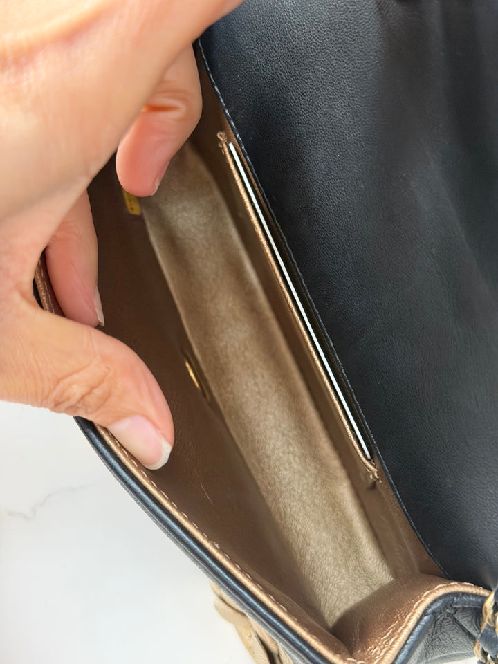 CHANEL series 21 Black Metallic Gold Camellia Flower Lambskin Mini Rectangular Flap Bag with Vintage GHW