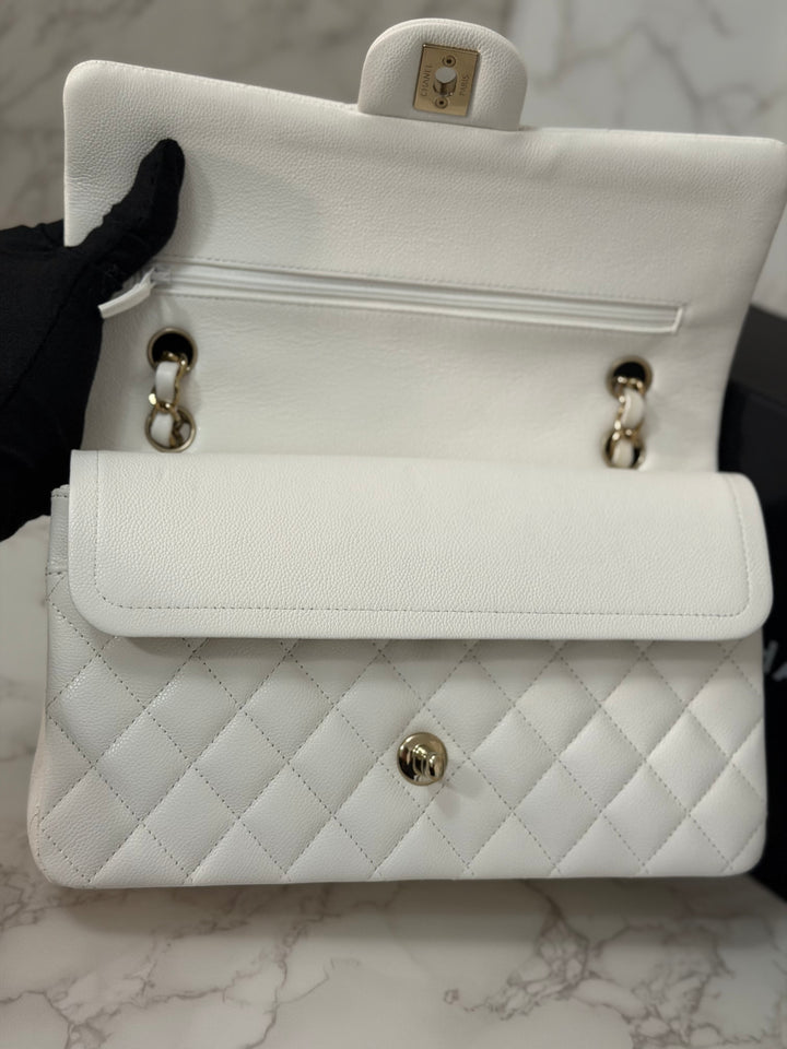 CHANEL 2023 White Caviar LGHW Medium ML Timeless Classic Double Flap Bag