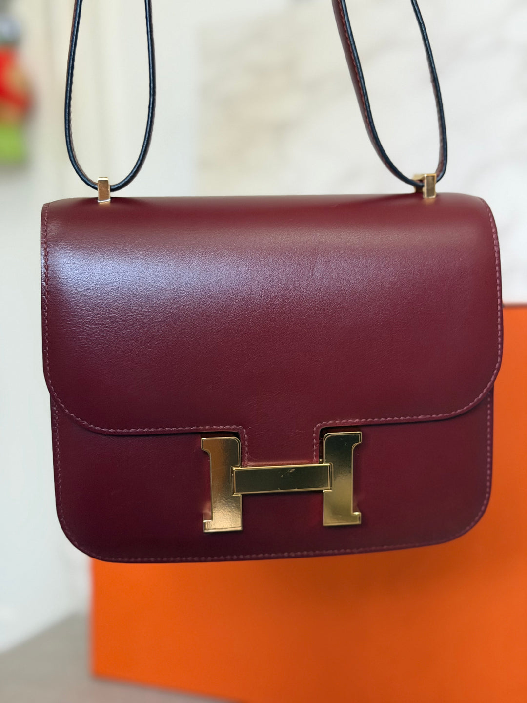 HERMÈS Rouge H Box Leather GHW Mini Constance 18 Flap Bag stamp D 2019