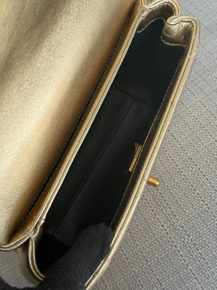 CHANEL Gold Metallic Lambskin CC Crystal Logo Chain Flap Bag 2022