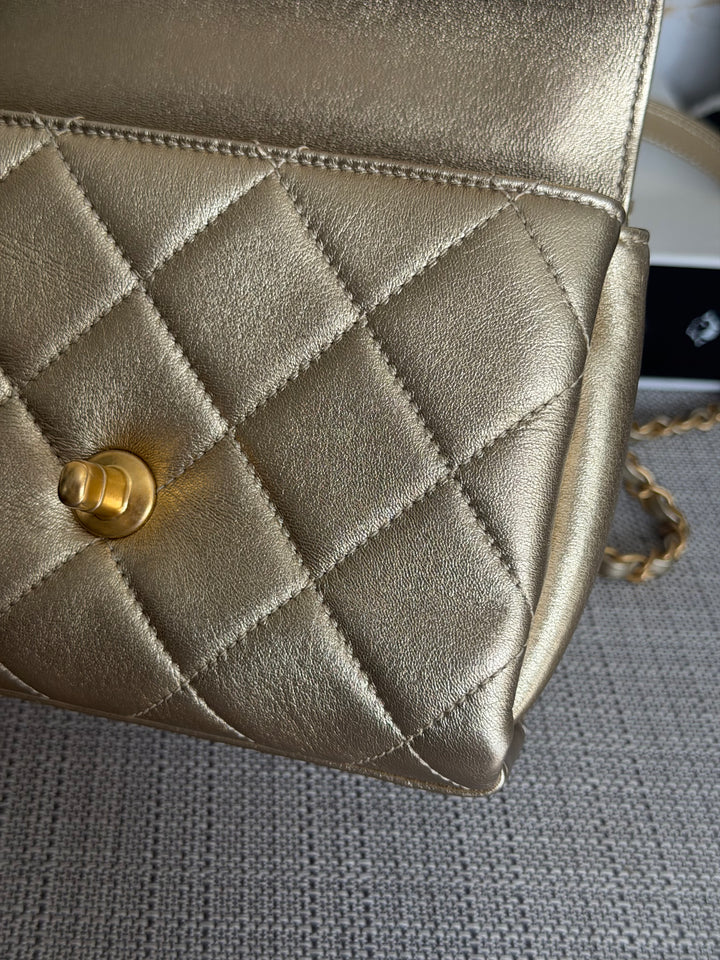 CHANEL Gold Metallic Lambskin CC Crystal Logo Chain Flap Bag 2022