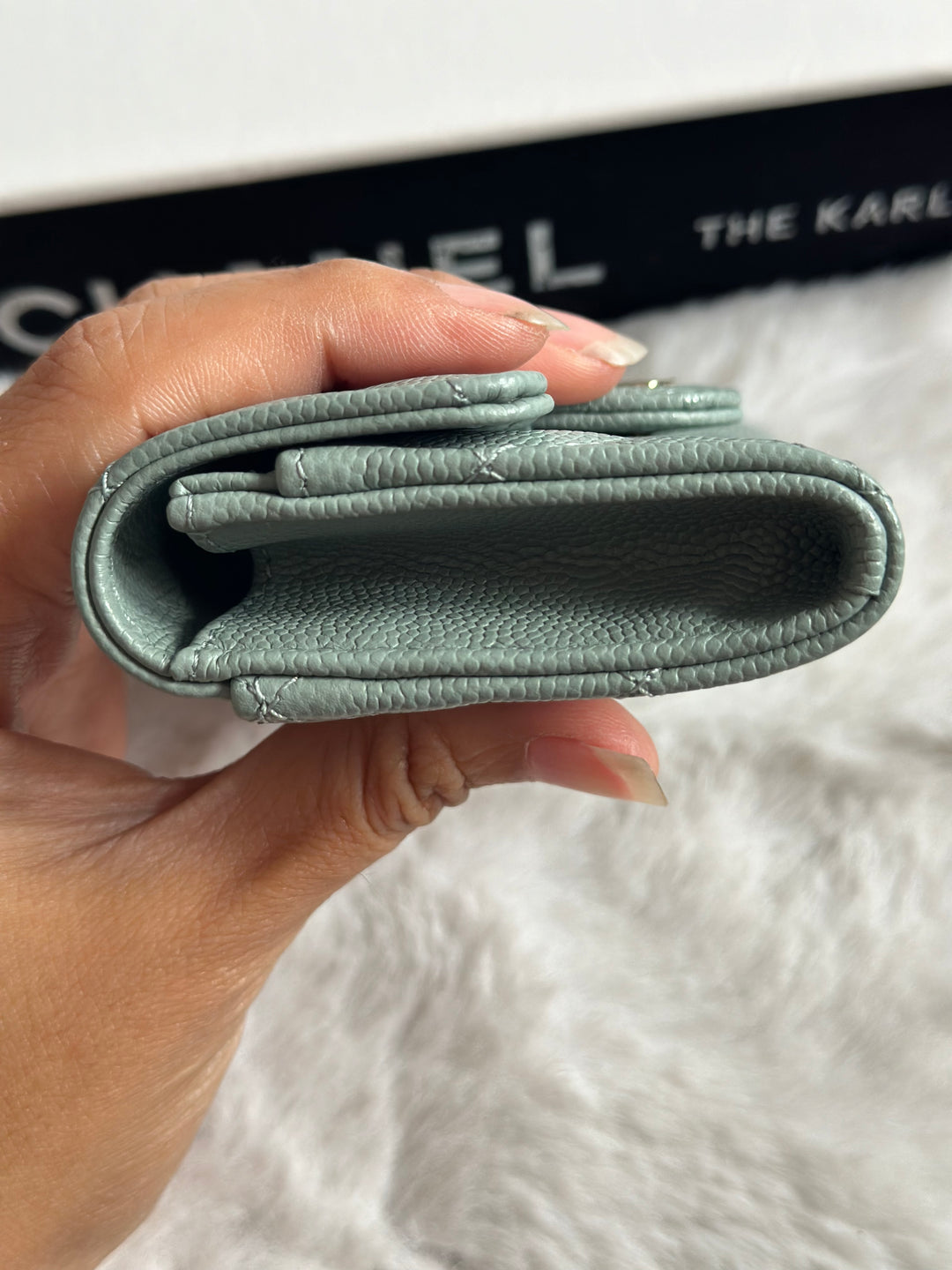 Chanel Sage caviar LGHW Classic Flap Snap Card Holder