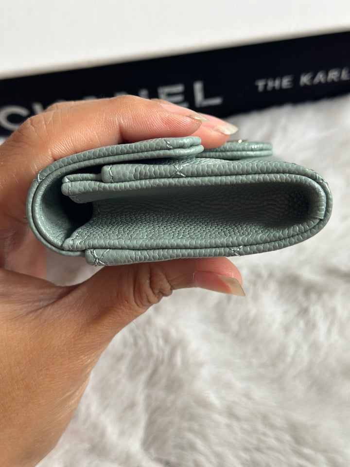 Chanel Sage caviar LGHW Classic Flap Snap Card Holder