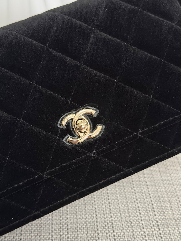 CHANEL 2025 Black Velvet Crystal Pearl Crush Adjustable Strap Wallet on Chain (WOC)