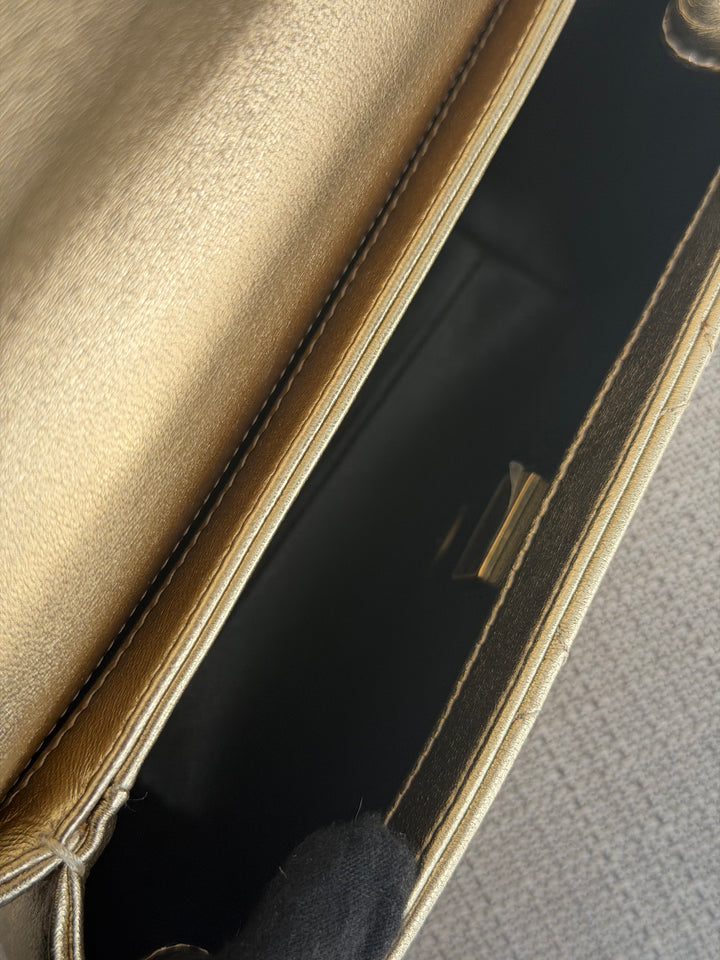 CHANEL Gold Metallic Lambskin CC Crystal Logo Chain Flap Bag 2022
