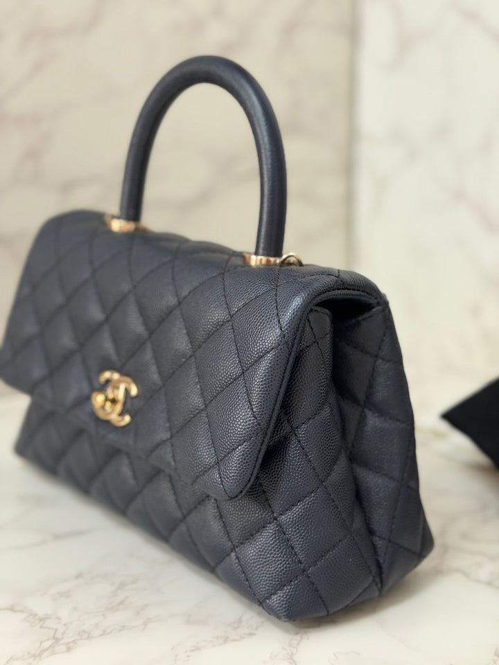 CHANEL series 30 2020 Navy Blue Caviar LGHW Small Coco Handle Flap Bag with Detachable Strap