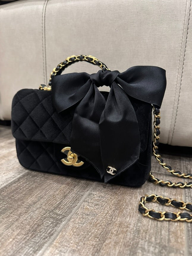 CHANEL 25K Collection 2025 Black Velvet Bow LGHW Mini Rectangular Flap Bag with Metal Top Handle