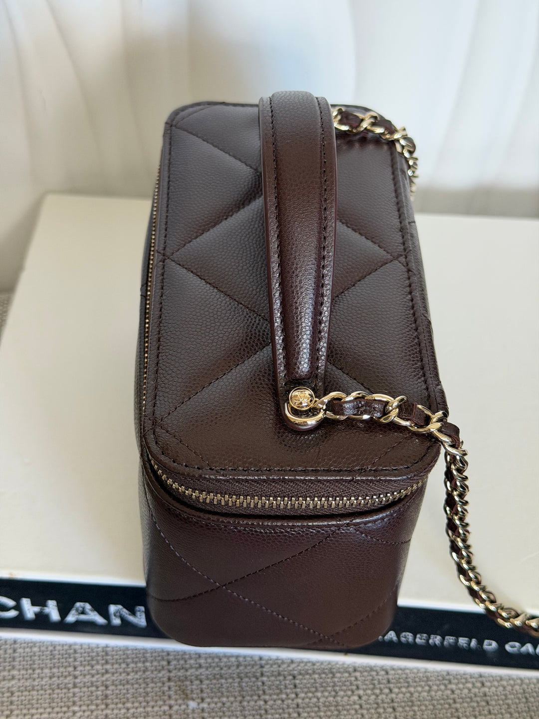 CHANEL 26S Dark Brown Caviar LGHW Small Vanity Case with Top Handle