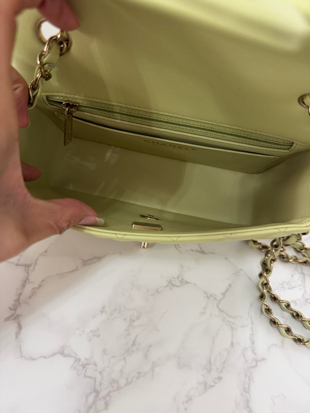 CHANEL 23C Collection 2022/2023 Cruise Pistachio Green Lambskin Mini Rectangular Flap Bag with Champagne GHW