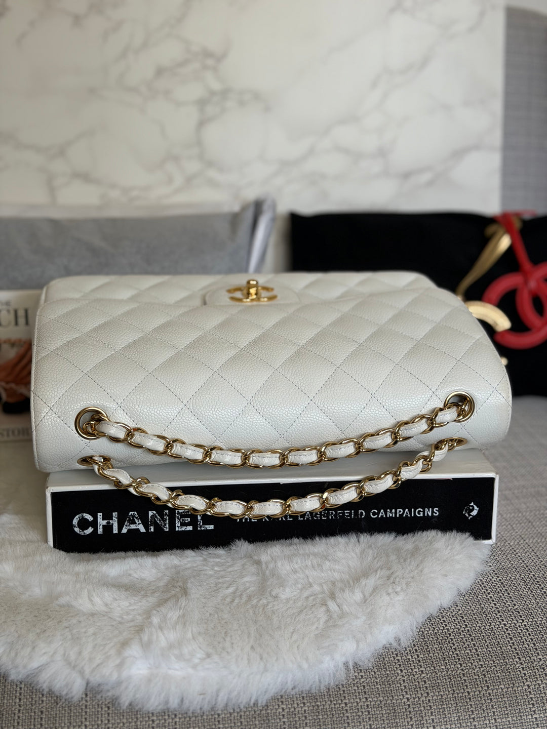 CHANEL White Caviar GHW Jumbo Double Flap Classic Bag 2010
