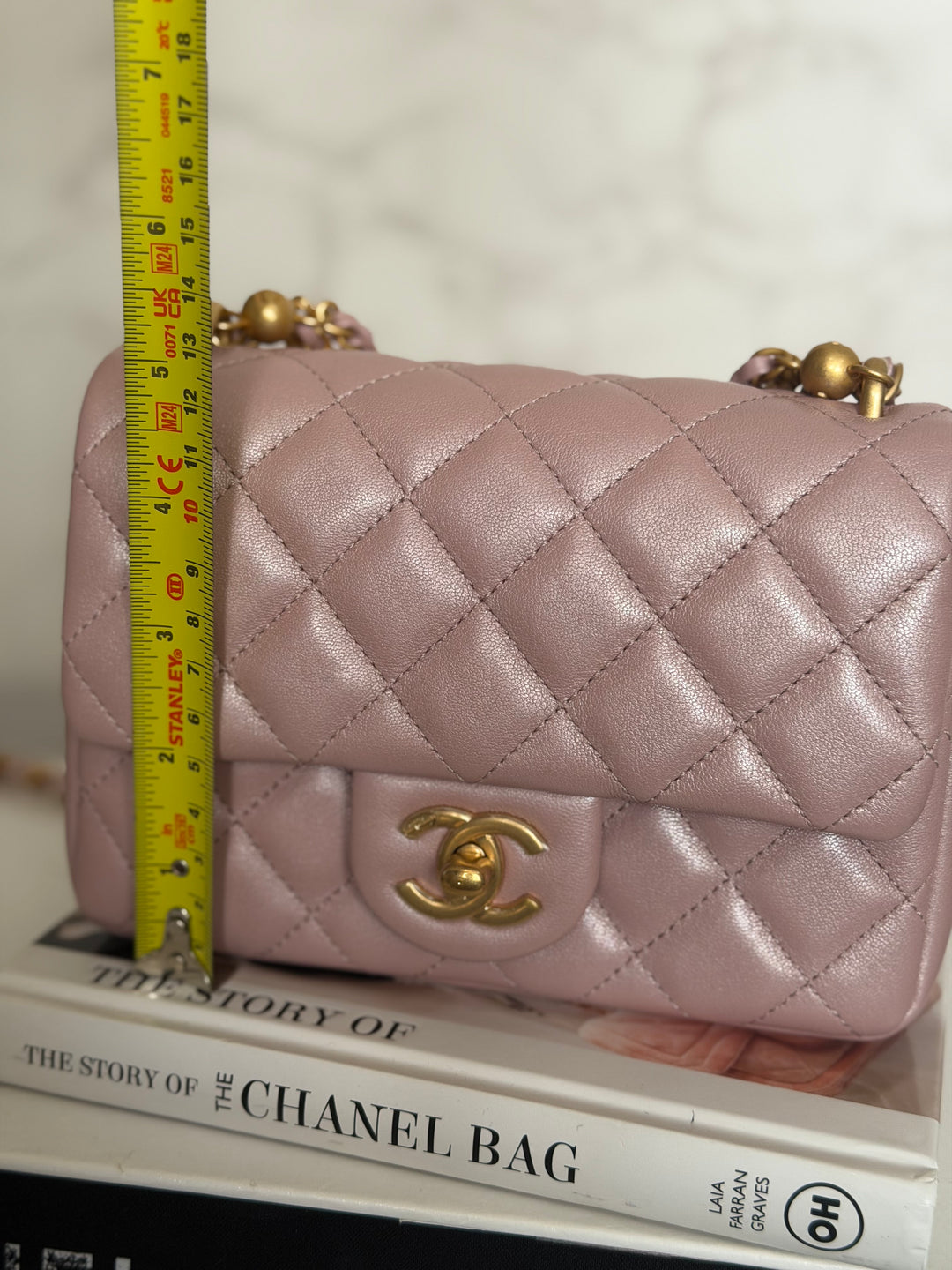 CHANEL 24P Pearly Pink Lambskin Pearl Twist Aged GHW Flap Bag 2024