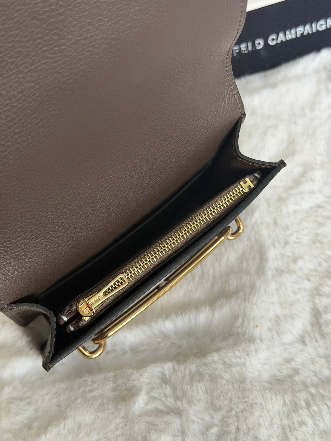 HERMÈS Mini Roulis Slim Wallet in Ecorce outer and Etoupe inner Evercolor leather GHW
