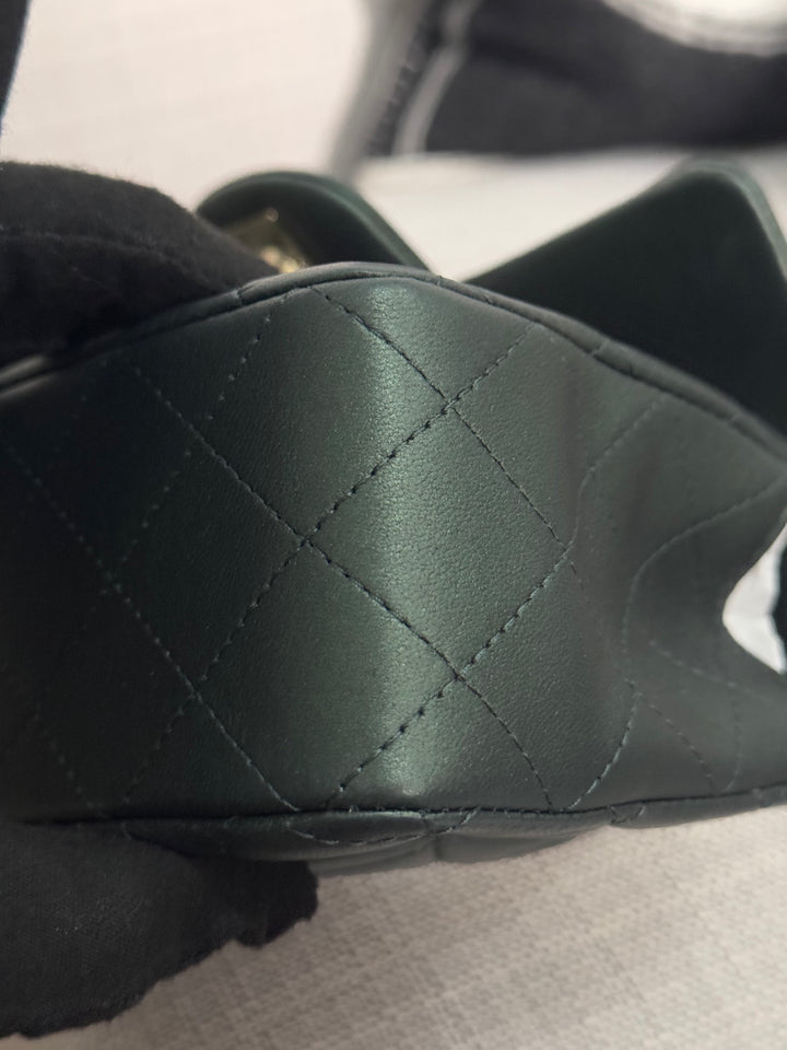 Chanel Iridescent Dark Green Lambskin Mini Rectangular Flap Bag with Top Handle and Champagne GHW