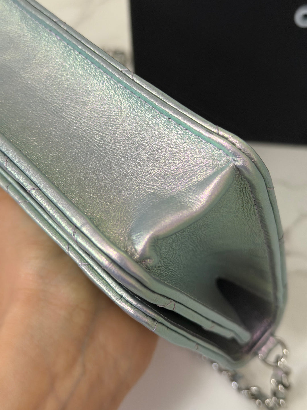 CHANEL 21K Silver Lambskin SHW Classic Wallet On Chain (WOC)