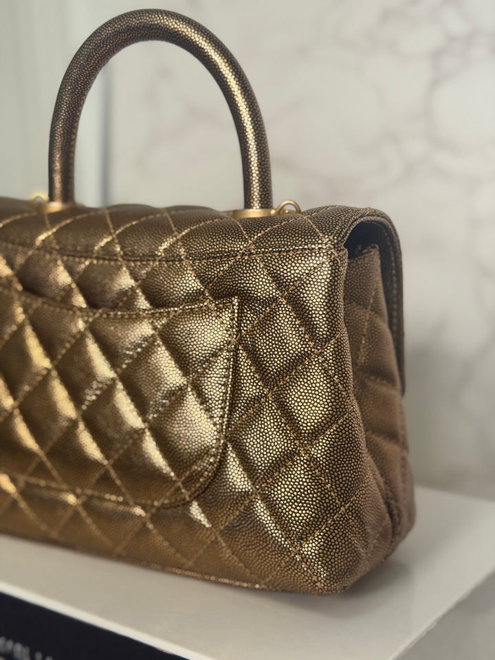 CHANEL series 28 19A Metallic Bronze Gold Caviar Aged GHW Coco Handle Flap Bag size SMALL with detachable shoulder strap 2019