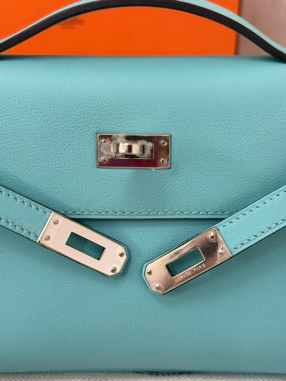 Hermès Kelly Pochette Swift Leather in Bleu Atoll 3P PHW Palladium Hardware Stamp T