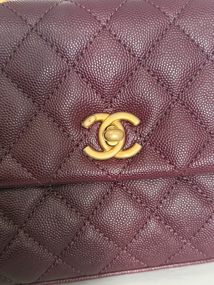 CHANEL series 26 Burgundy Caviar Aged GHW Coco Handle Flap Bag size SMALL with Pink sea snake handle 2018