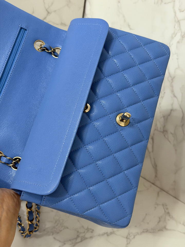 CHANEL 25C 2025 Periwinkle Blue Caviar LGHW Medium ML Timeless Classic Double Flap Bag