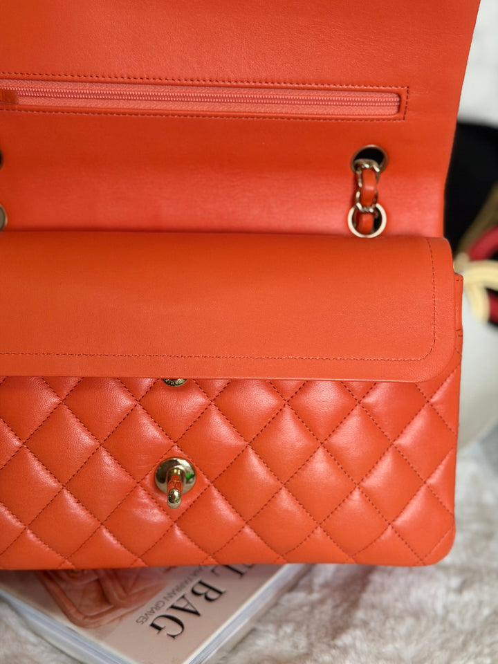 CHANEL 20S Orange Lambskin LGHW Medium ML Timeless Classic Double Flap Bag