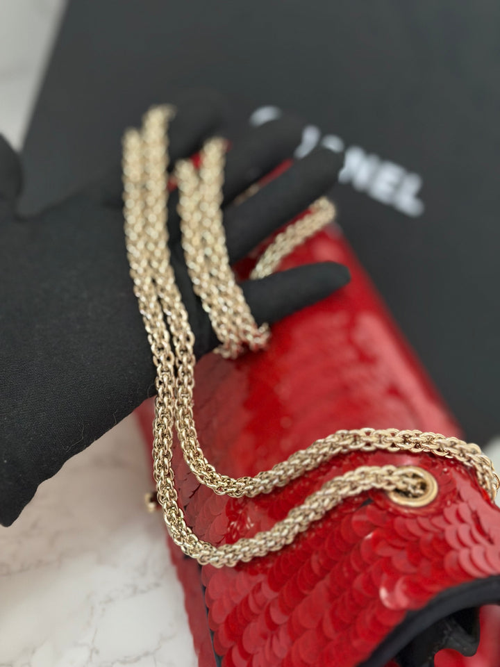 CHANEL series 13 2010 Red Sequin and Black Satin Paris-Shanghai Medium Flap Bag Gold Hardware