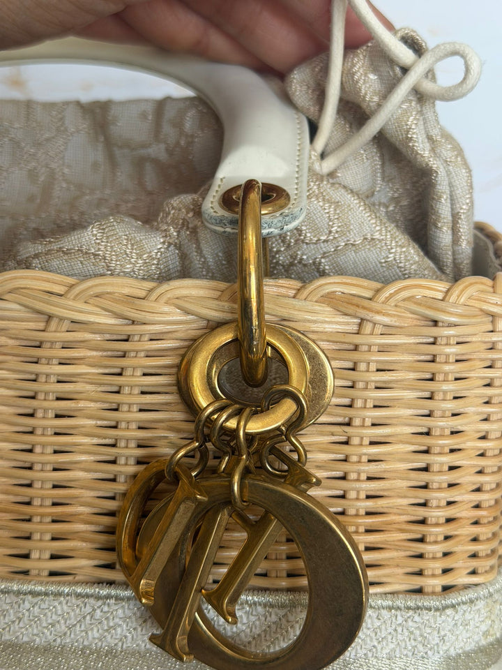 DIOR Lady Dior White/Gold Wicker Bag size SMALL with Guitar Strap