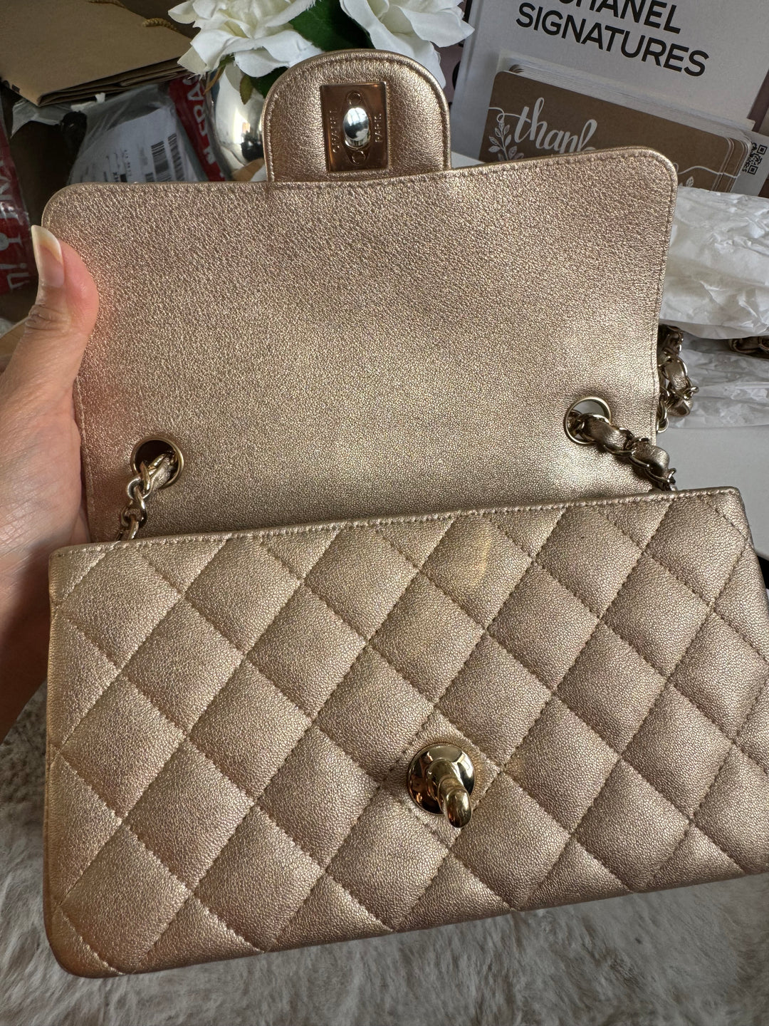Chanel 21P series 31 Iridescent Gold Lambskin LGHW Mini Rectangular Flap Bag