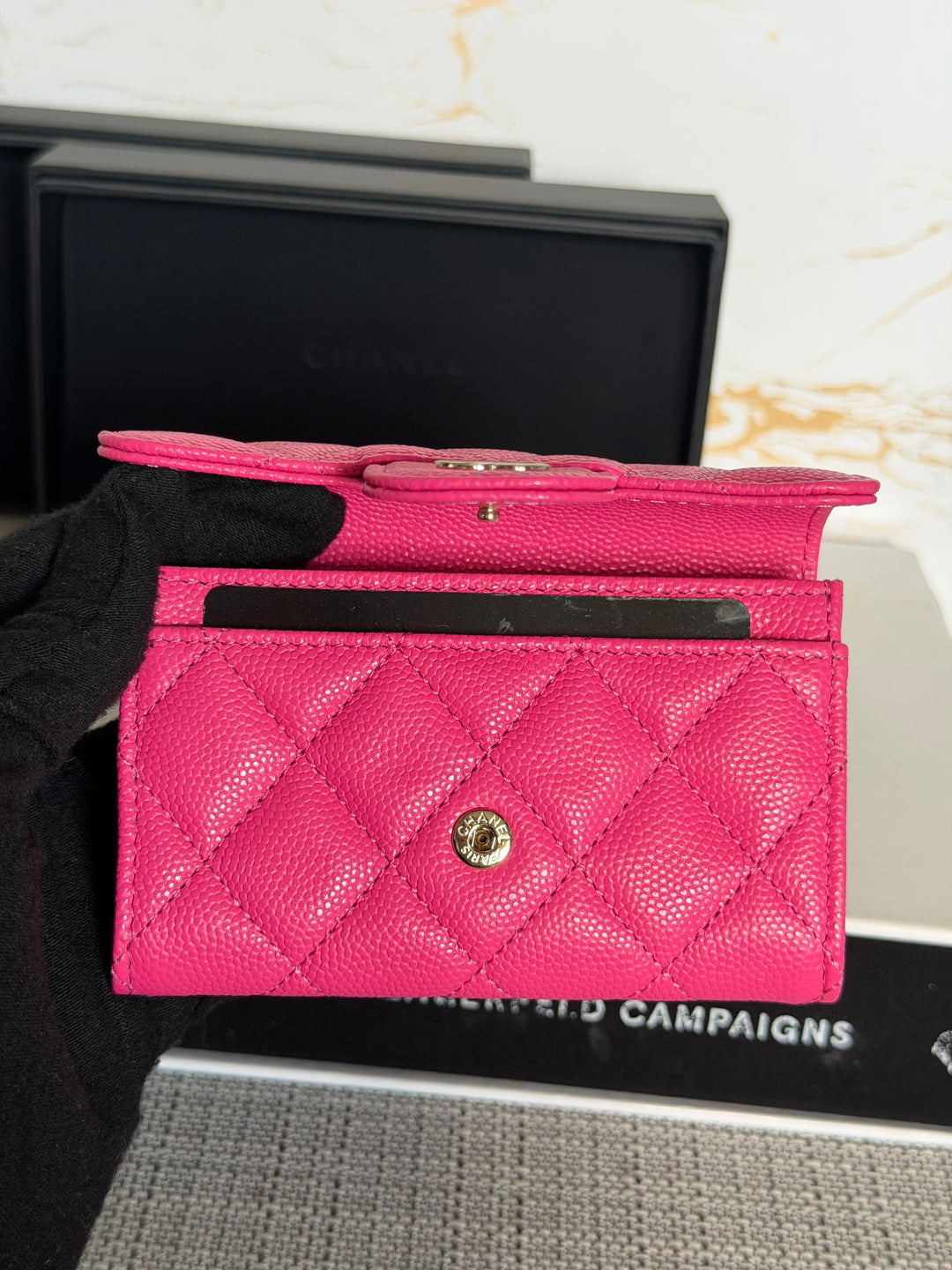 CHANEL Pink Caviar LGHW Classic Flap Snap Card Holder 2022 22K collection
