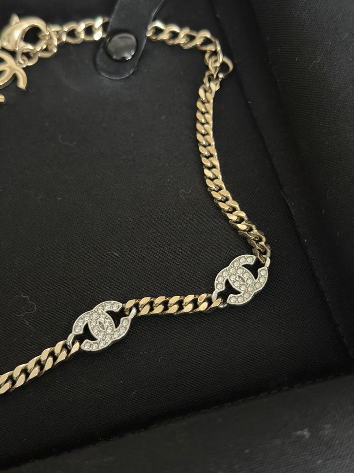 CHANEL Crystal CC Choker Necklace in Silver and Light Gold Hardware