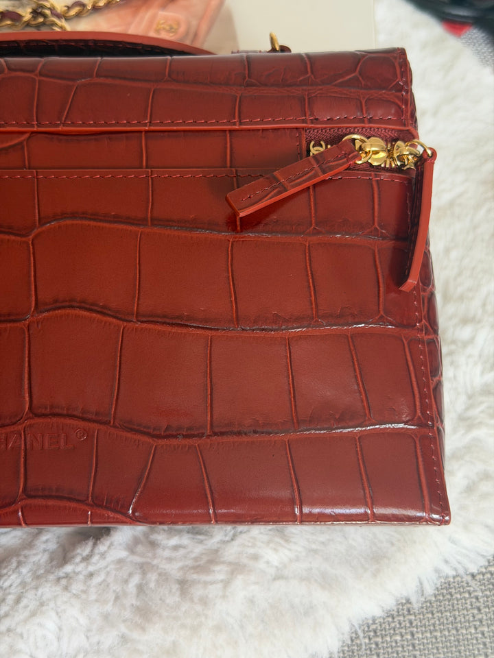 CHANEL 26B Croc Embossed Burgundy Calf Skin LP Long Vanity size Medium 23 cms 2026 Matthieu Blazy