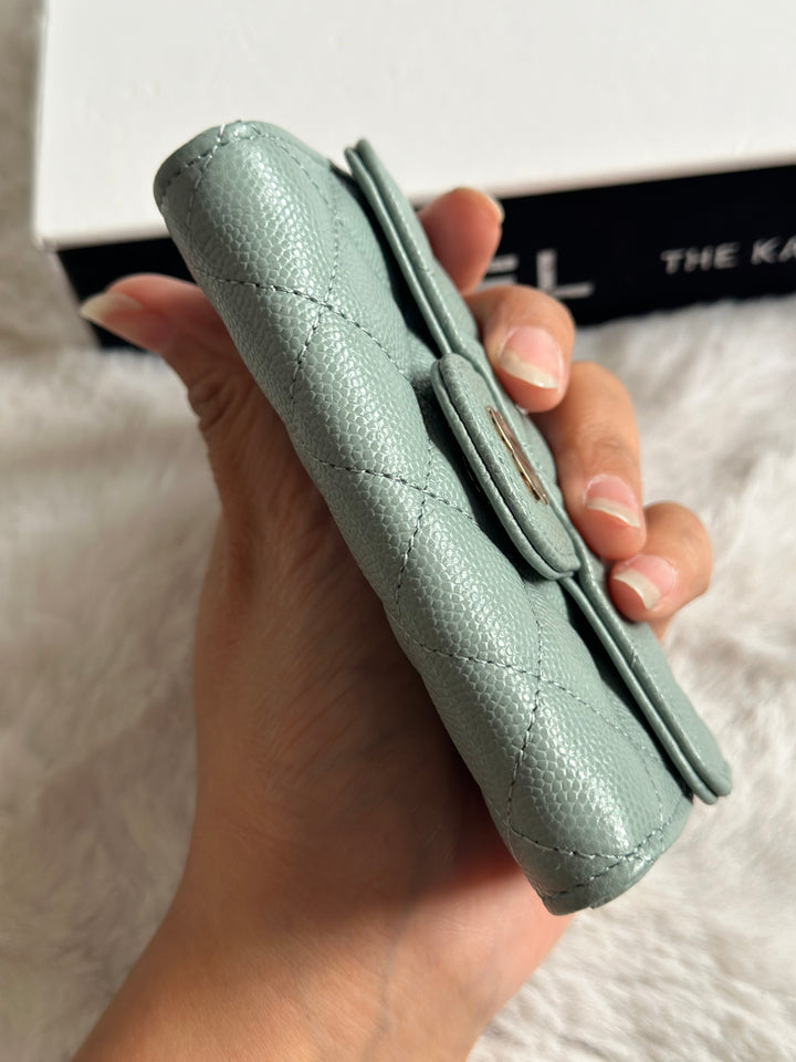 Chanel Sage caviar LGHW Classic Flap Snap Card Holder