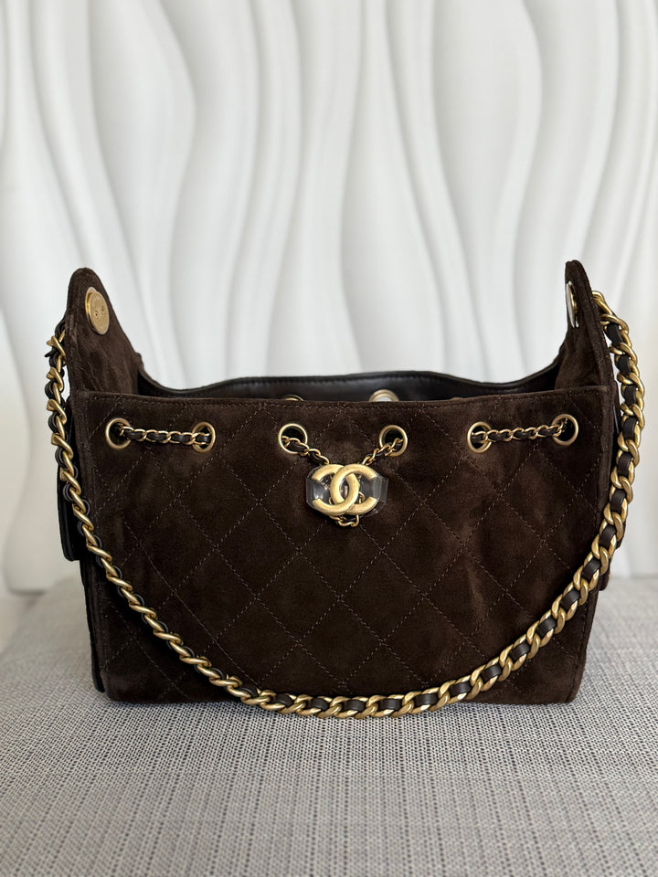 CHANEL 26C collection 2025/2026 Brown Suede Leather Mini 25 Hobo Bag with aged GHW