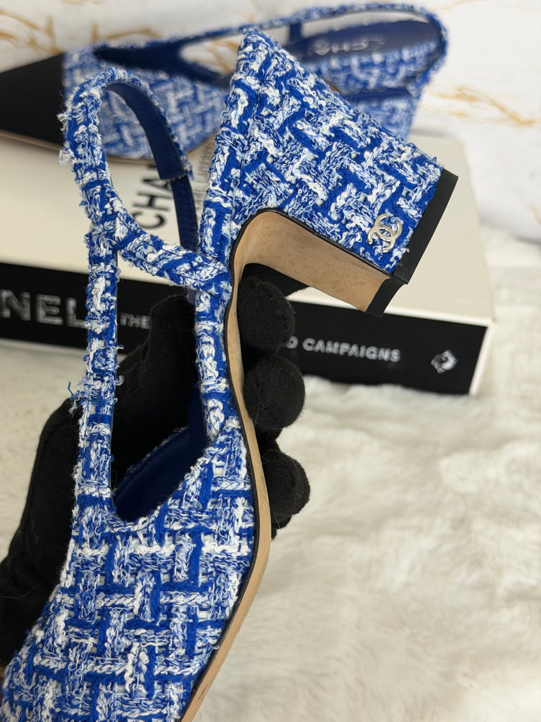CHANEL 23P Cobalt Blue SHW Tweed Slingback shoes with kitten heels