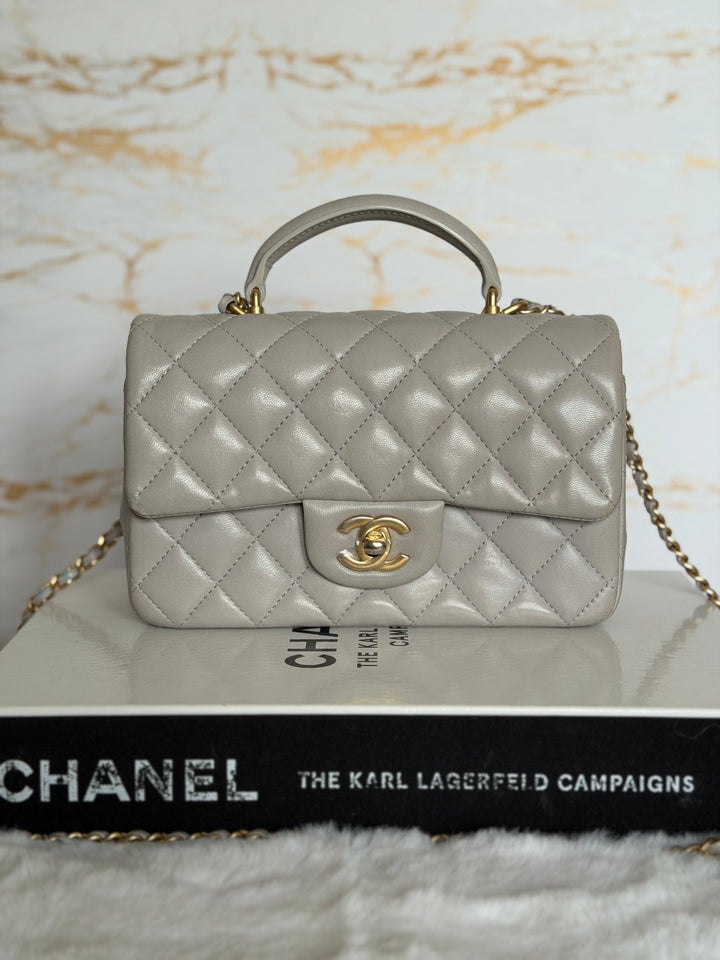 CHANEL Grey Lambskin aged GHW Mini Rectangular Flap bag Top Handle 2021 21A collection