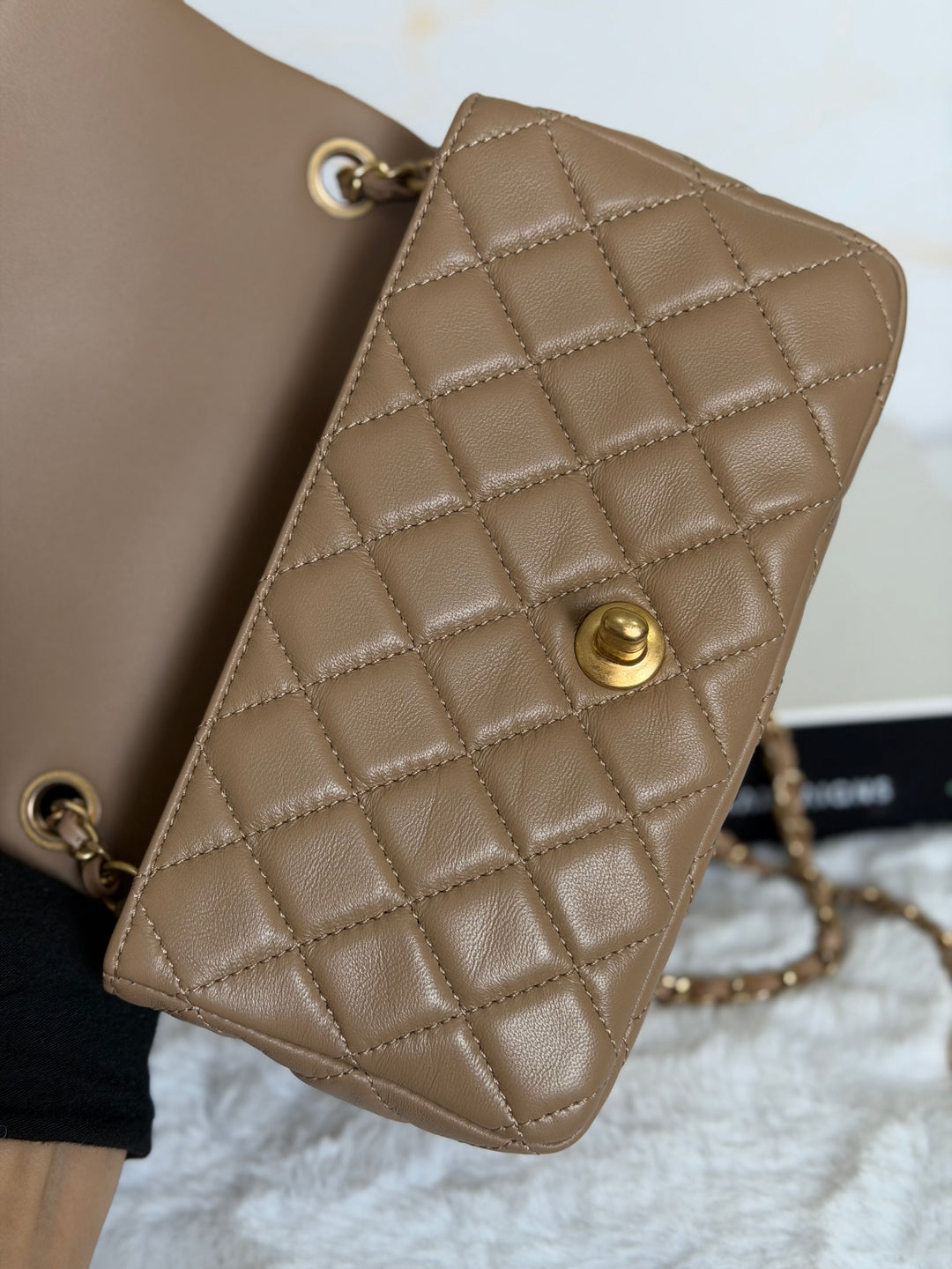 CHANEL 22B Taupe Dark Beige Lambskin Aged GHW Pearl Crush Adjustable Chain Mini Rectangular Flap Bag 2022
