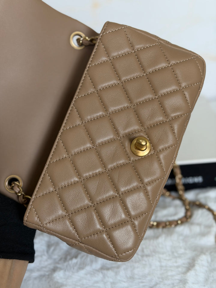 CHANEL 22B Taupe Dark Beige Lambskin Aged GHW Pearl Crush Adjustable Chain Mini Rectangular Flap Bag 2022