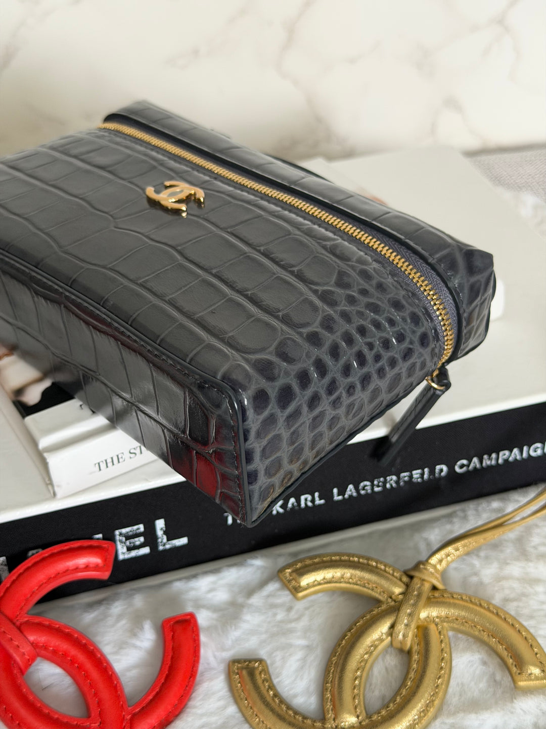 CHANEL Métiers d'art 2026 26A Croc Embossed Dark Grey Calf skin GHW SMALL Long Vanity LP with detachable chain
