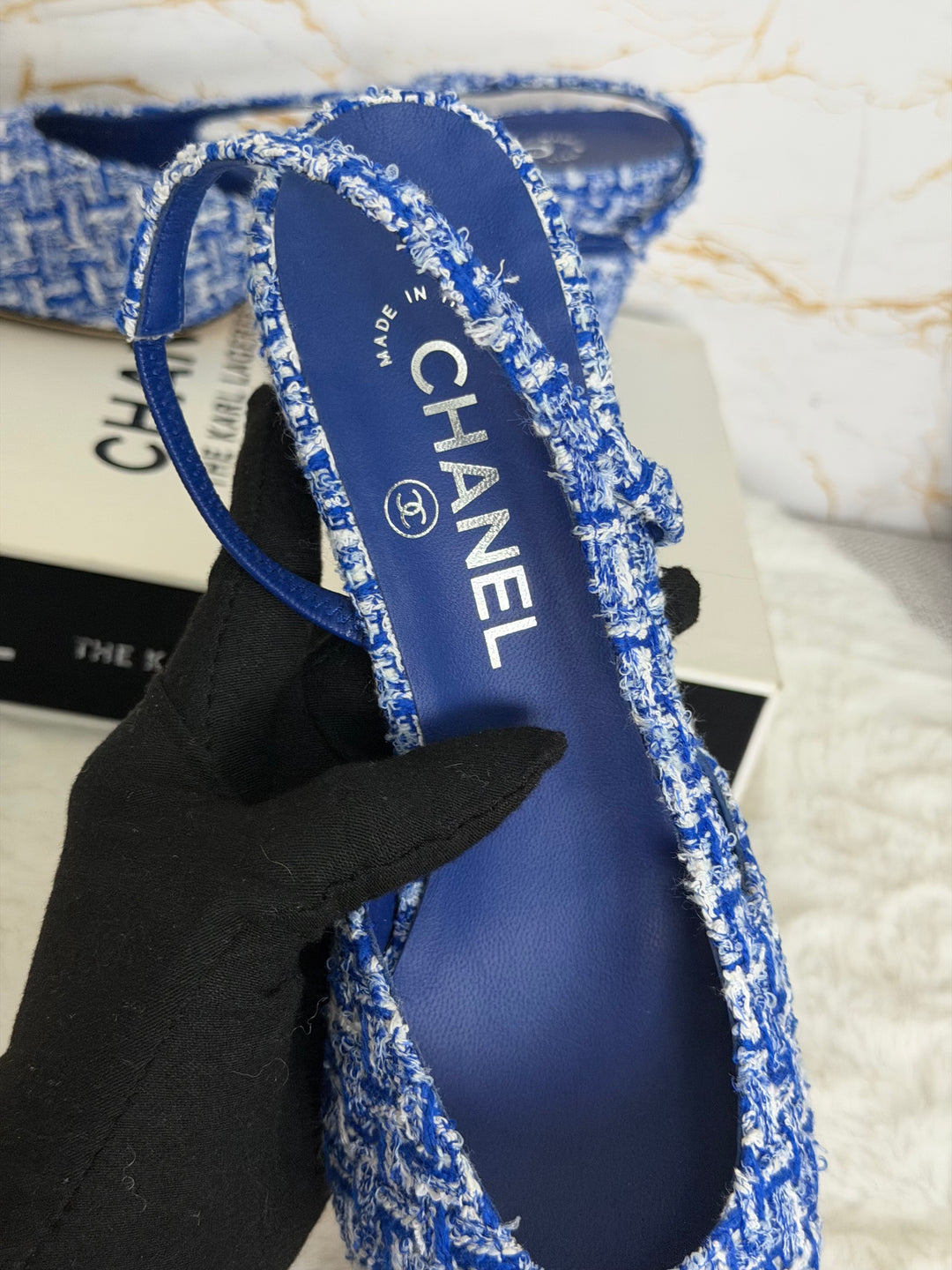 CHANEL 23P Cobalt Blue SHW Tweed Slingback shoes with kitten heels