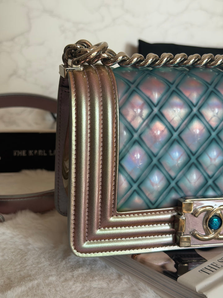 CHANEL 18S Iridescent Patent Calf Skin Purple Blue Mermaid Le Boy Flap Bag size Small