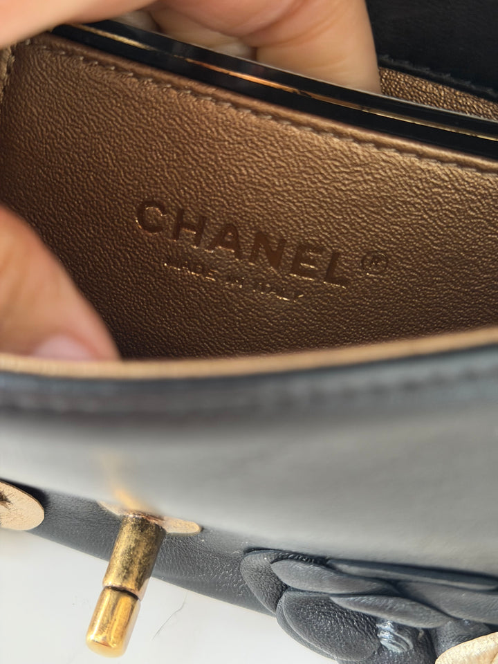 CHANEL series 21 Black Metallic Gold Camellia Flower Lambskin Mini Rectangular Flap Bag with Vintage GHW