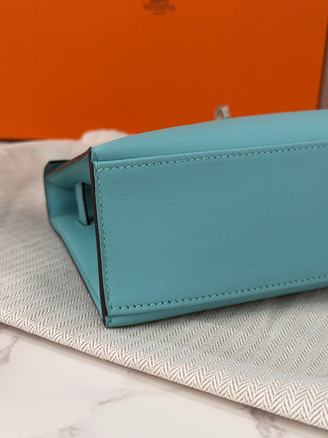 Hermès Kelly Pochette Swift Leather in Bleu Atoll 3P PHW Palladium Hardware Stamp T