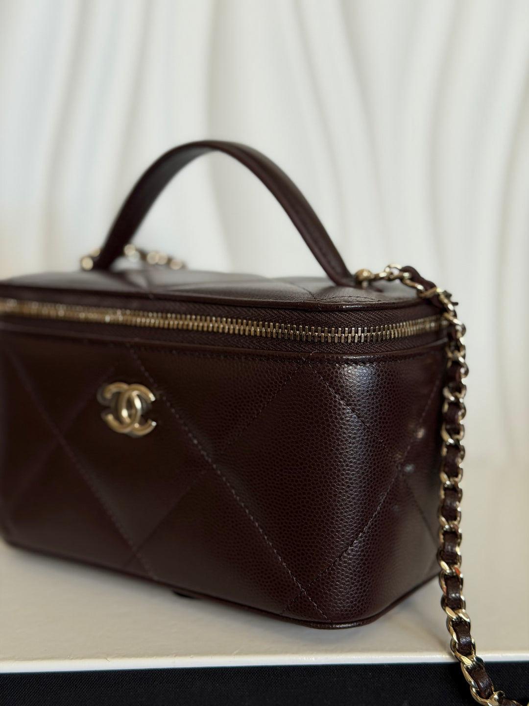 CHANEL 26S Dark Brown Caviar LGHW Small Vanity Case with Top Handle