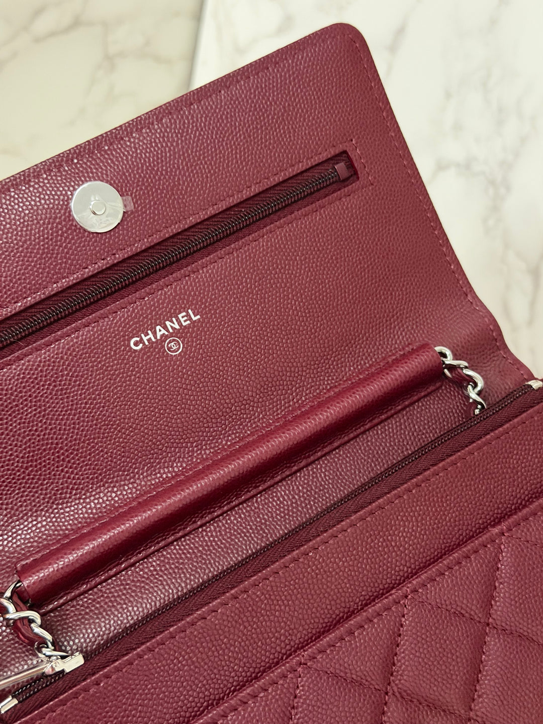 CHANEL 2024 Burgundy Caviar SHW Classic Wallet on chain (WOC) with crystal CC Logo