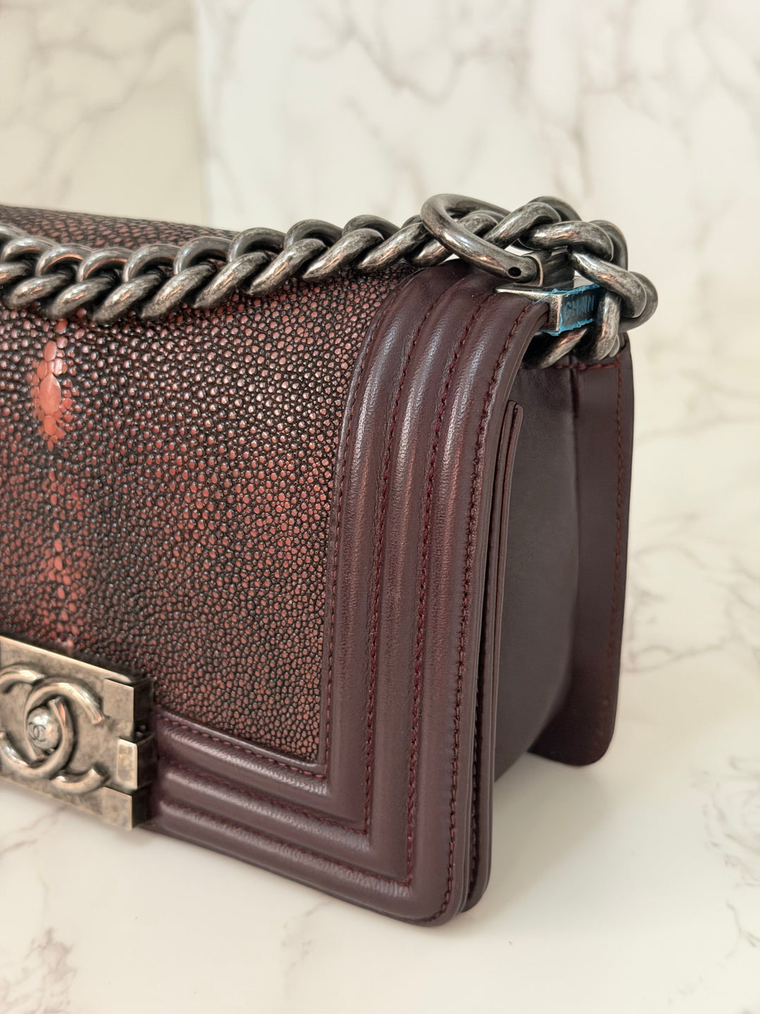 Chanel series 21 2015 Burgundy Lambskin Stingray SMALL Le Boy Flap Bag with Ruthenium HW