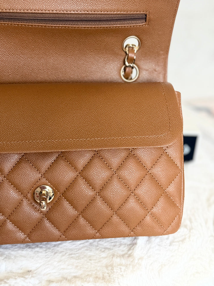 CHANEL 17C Brown Caramel Caviar LGHW Medium ML Timeless Classic Double Flap Bag 2016/2017