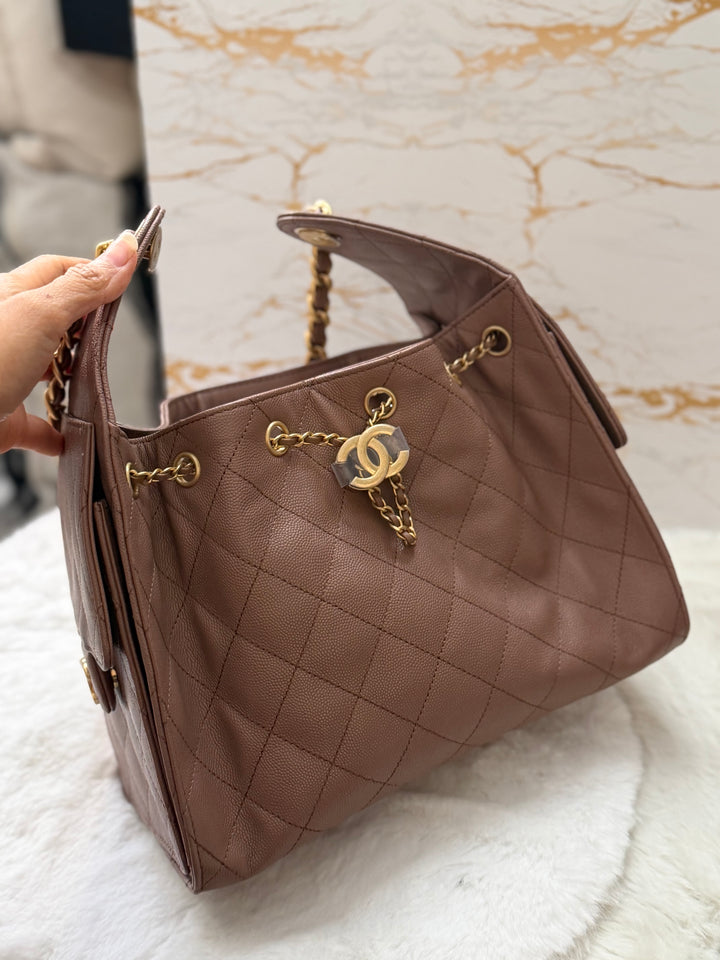 CHANEL 26P collection Brown Caviar 25 Hobo Bag Aged GHW Size SMALL