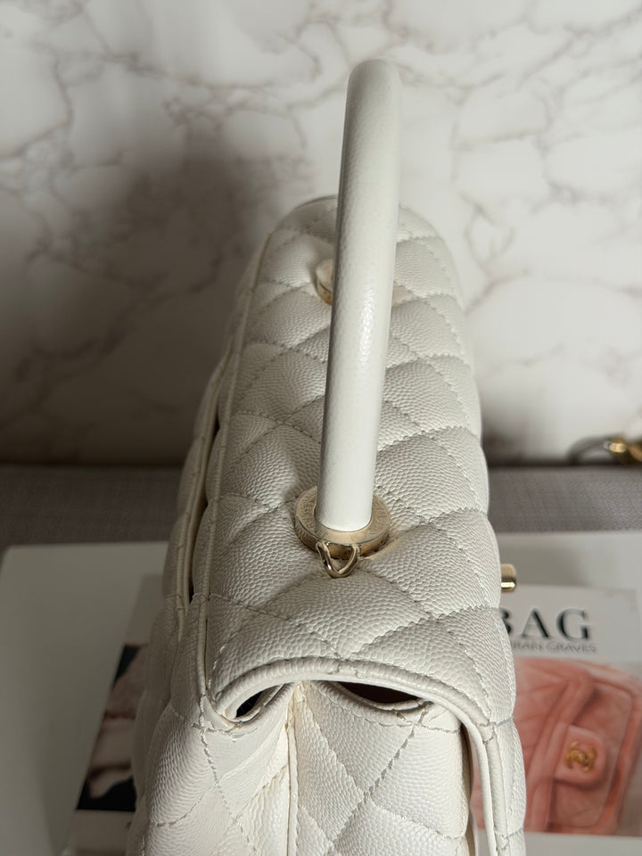 CHANEL White Caviar LGHW Coco Handle Flap Bag Size SMALL with detachable Strap Microchipped
