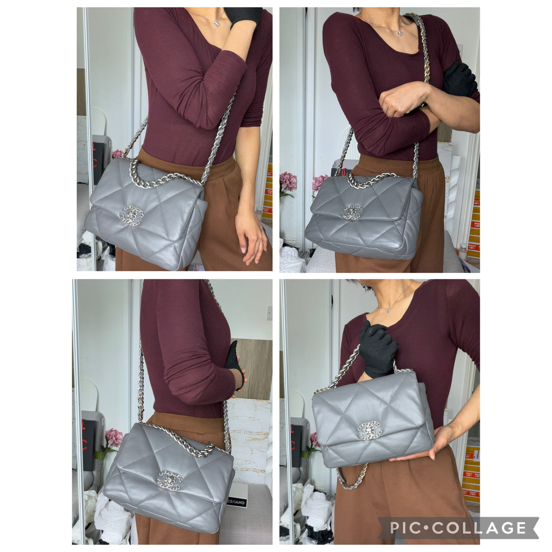 CHANEL Dark Grey Lambskin 19 Size SMALL/MEDIUM Mixed HW Flap Bag 2022 Microchipped
