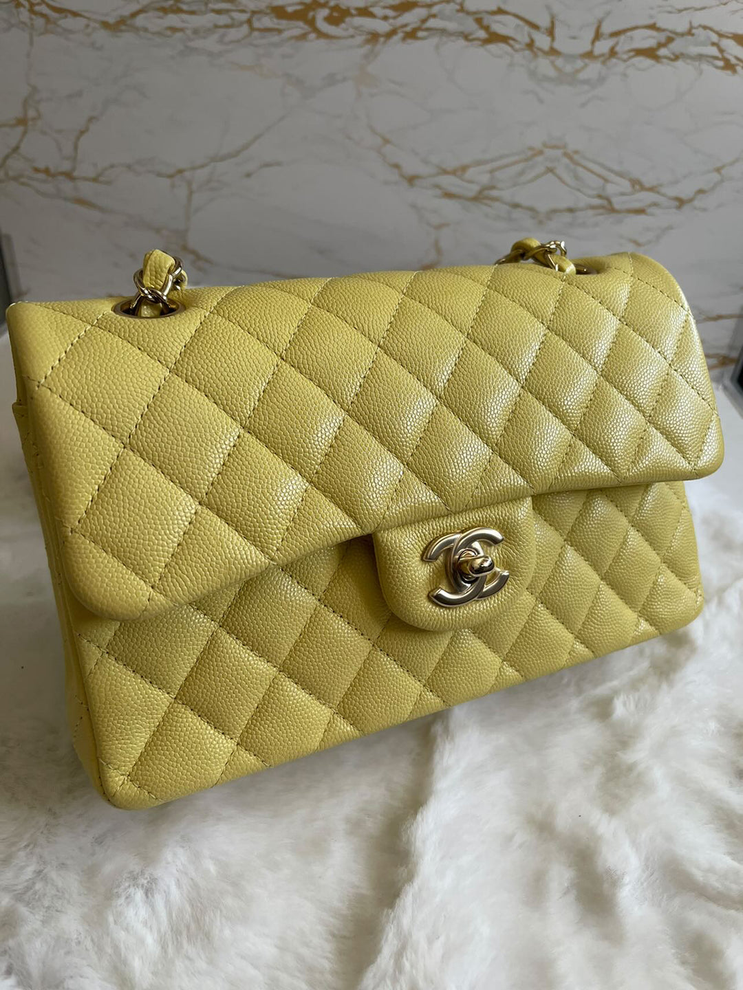 Chanel 20S 2020 Spring/Summer Collection Yellow Caviar LGHW Small Timeless Classic Double Flap Bag