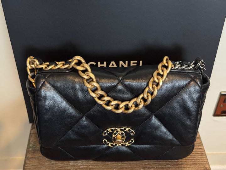 CHANEL 19 size Small Black Lambskin Mixed hardware Flap Bag with Top handle