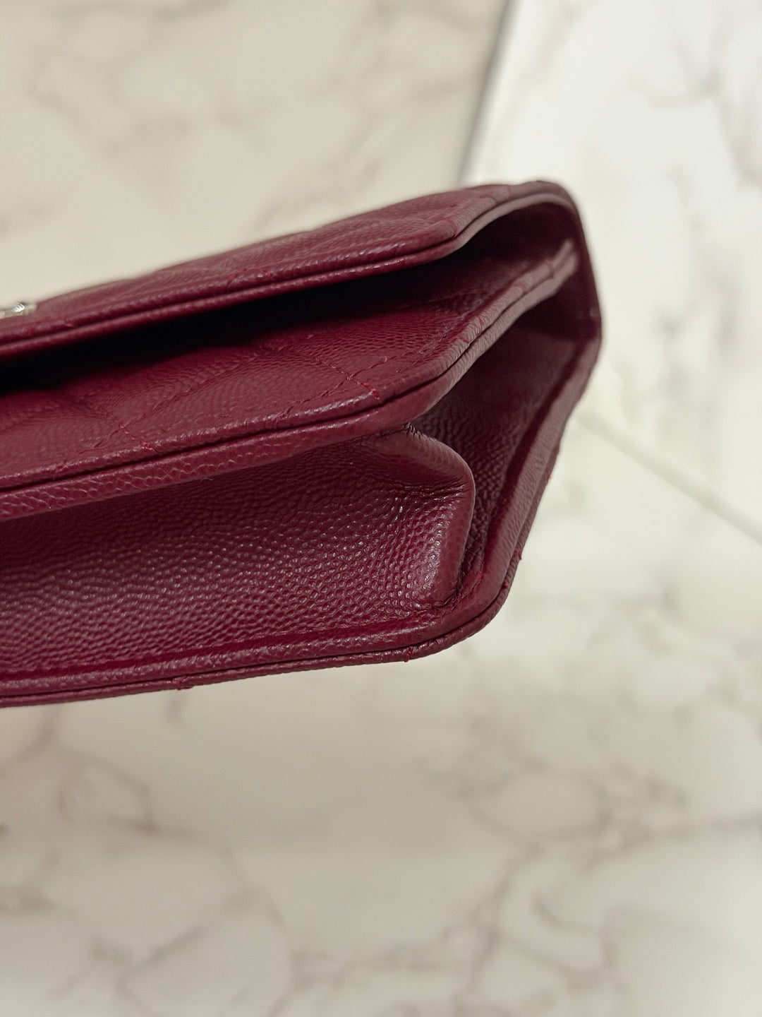 CHANEL 2024 Burgundy Caviar SHW Classic Wallet on chain (WOC) with crystal CC Logo